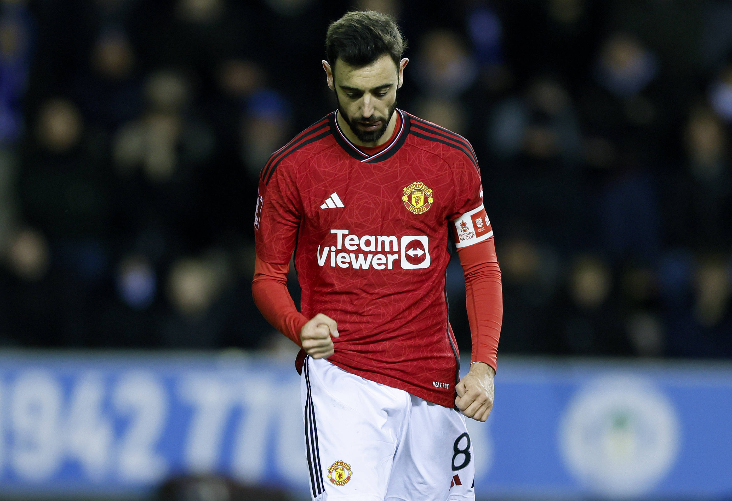 Manchester United captain Bruno Fernandes pictured celebrating after scoring in a 2-0 win at Wigan Athletic in the FA Cup in January 2024